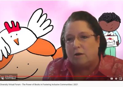 Zoom session with Jennifer Phillips on the screen and the cover of her picture book, The Invitation, in the background