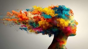 Abstract image of colors flowing away from a women's head.
