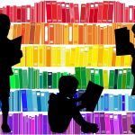 Illustration of rainbow-colored bookshelves with dark silhouettes of three children reading books.