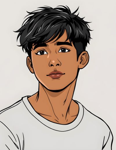 Closeup illustration of a teenage boy with a darker complexion and black hair looking straight at you.