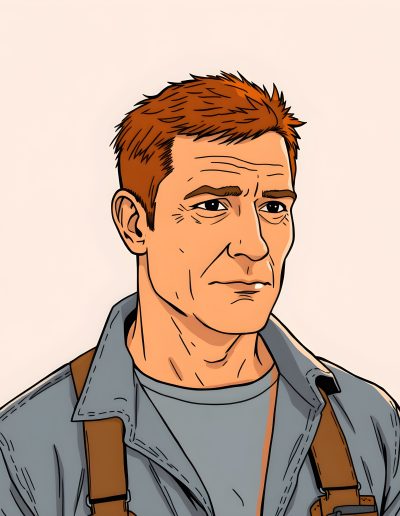 Closeup illustration of a man with a weathered face and red hair who's wearing outside work clothes.
