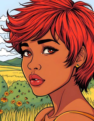 Close-up illustration of a black teenage girl with short red hair standing in a field.