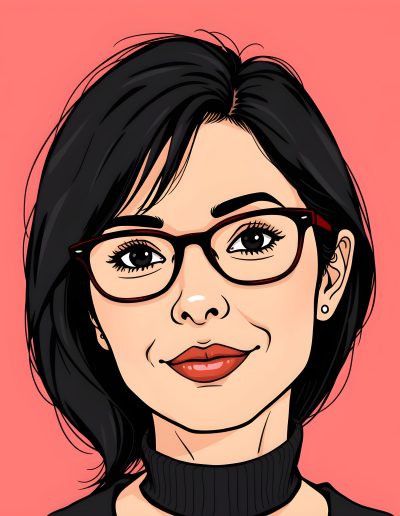 Closeup illustration of a smiling young woman who has shoulder-length black hair and glasses.