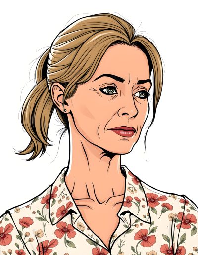 Closeup illustration of a woman looking pensive who's wearing a flowered blouse and has sandy brown hair pulled into a ponytail.