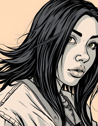 Close-up illustration of a teenage girl with straight black hair to her shoulders, with a bit of a grunge look.