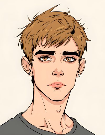 Close-up illustration of a teen boy looking straight at you defiantly who has reddish brown hair and two earrings.