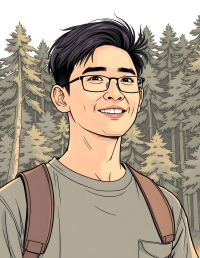 Illustration of a friendly-looking Asian young man with short dark hair and glasses who's wearing a backpack in the woods.