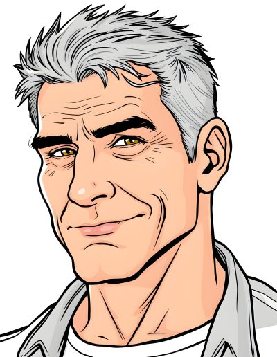 Closeup illustration of an older man looking directly at you who has short gray hair and is smiling.