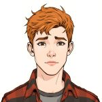 Closeup illustration of a teenage boy looking pensively at you who has short red hair and is wearing a red flannel shirt.