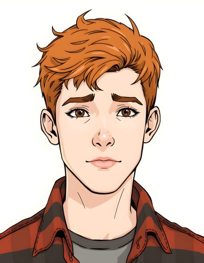Closeup illustration of a teenage boy looking pensively at you who has short red hair and is wearing a red flannel shirt.