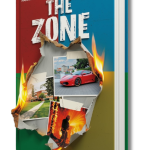 Cover image of The Zone book shows burnt out paper with center images of a firefighter battling a wildfire, a school and a red car.