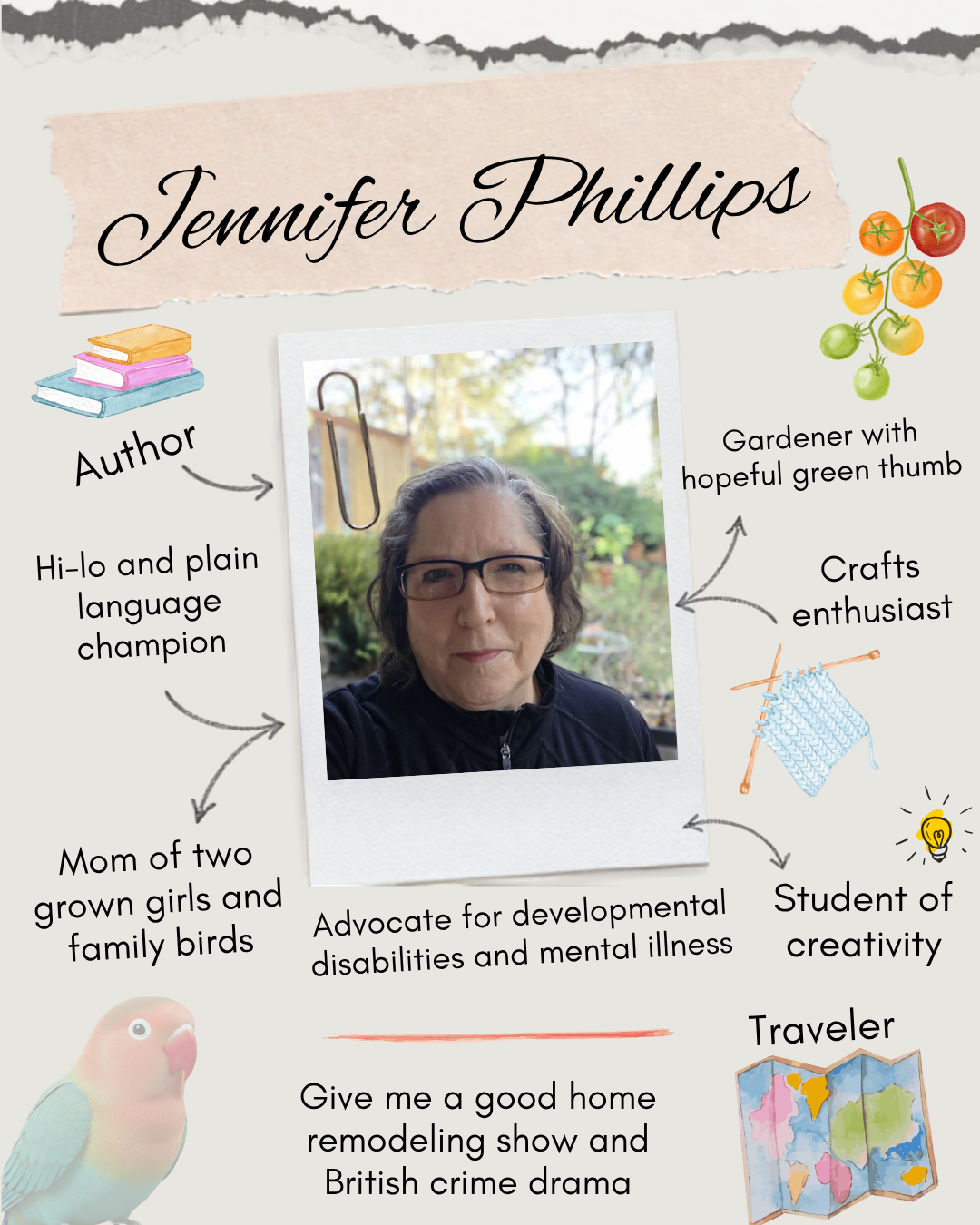 Jennifer Phillips Profile Poster with profile picture of Jennifer Phillips and surrounding text showing various interests.